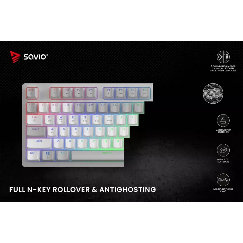 Teclado mecânico sem fios SAVIO PHENIX WHITE, Gateron Red Pro, ABS