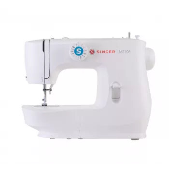 Máquina de costura semiautomática SINGER M2105 – 8 pontos, casa de botão em 4 passos, braço livre, elétrica, branca