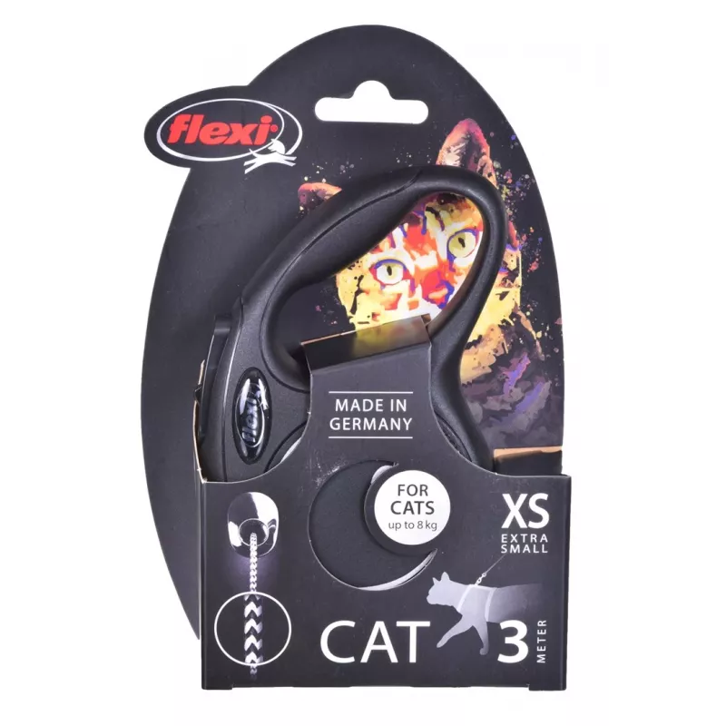 Trella Flexi New Classic Cat XS 3 m — trela de corda para animais pequenos, preta, carga máx. 8 kg