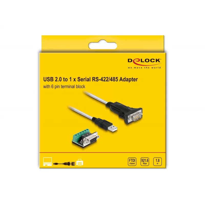 DeLOCK 63465 Adaptador de USB 2.0 Type-A para série RS-422/485, bloco de terminais de 6 pinos, 1,8 m, preto/transparente