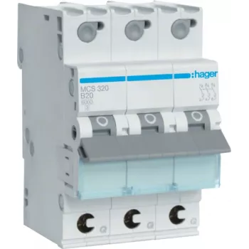 Hager MCS320. Corrente nominal: 20 A, frequência de rede: 50/60, corrente nominal de saída: 20 A. Tipo: característica C, número de módulos (máx.): 3 módulos. Largura: 52,5 mm, profundidade: 70 mm, altura: