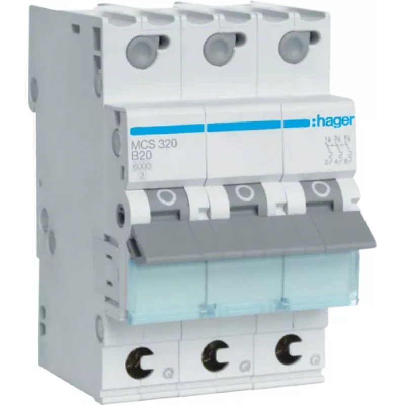 Hager MCS320. Corrente nominal: 20 A, frequência de rede: 50/60, corrente nominal de saída: 20 A. Tipo: característica C, número de módulos (máx.): 3 módulos. Largura: 52,5 mm, profundidade: 70 mm, altura: