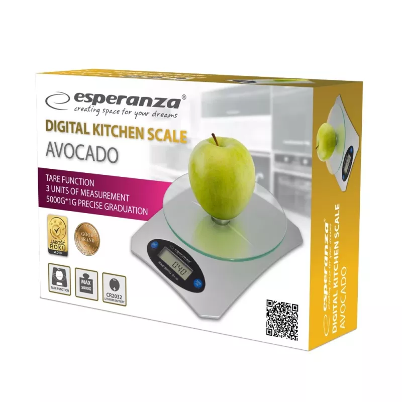 Balança de cozinha eletrónica ESPERANZA Avocado cinzento — capacidade de 5 kg, plataforma de bambu, unidades g/lb/oz
