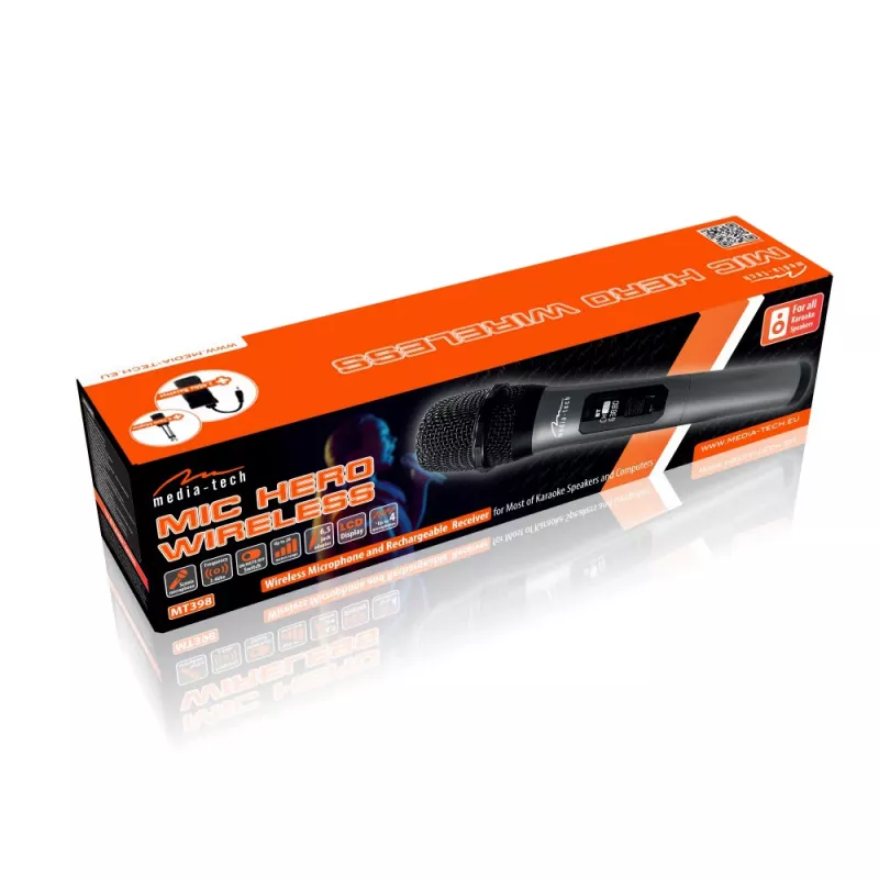 Microfone de karaoke MEDIA-TECH MT398 sem fios, USB-C, a pilhas, alcance de 20 m, preto