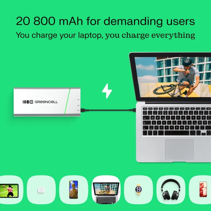 Bateria portátil Green Cell BPLGC20P 20800 mAh de iões de lítio, USB-C PD 65W, 2x USB-C + 1x USB-A, caixa em alumínio