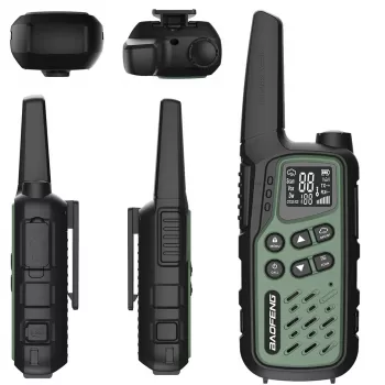 Rádio portátil Baofeng BF-T25E — 16 canais, 2×1400 mAh Li‑Ion, VOX, LCD, verde, conjunto de 2