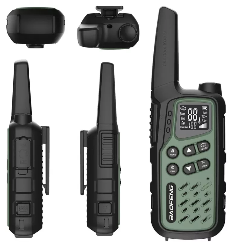 Rádio portátil Baofeng BF-T25E — 16 canais, 2×1400 mAh Li‑Ion, VOX, LCD, verde, conjunto de 2