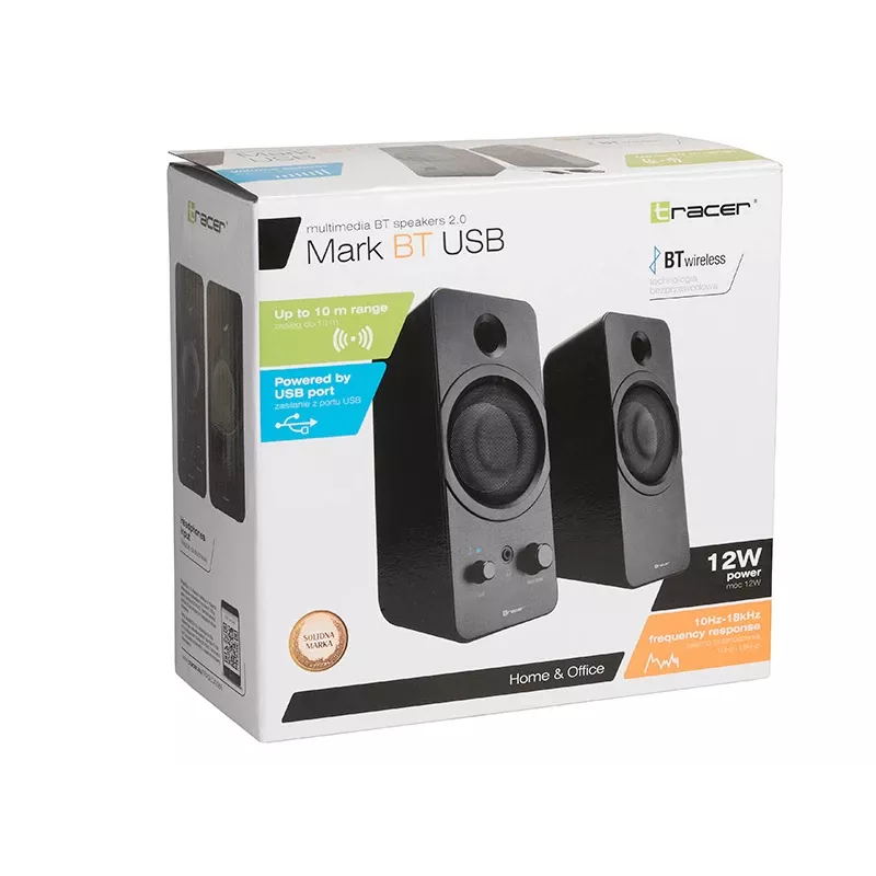 Altifalantes de secretária 2.0 TRACER Mark 12 W, alimentação USB, Bluetooth, 2 vias, 2 drivers, preto