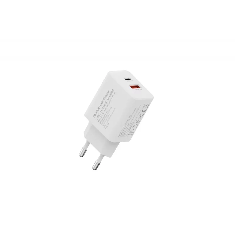 Carregador USB de parede DIGITUS 20W, 1x USB-C, 1x USB-A, entrada 100–240V, branco