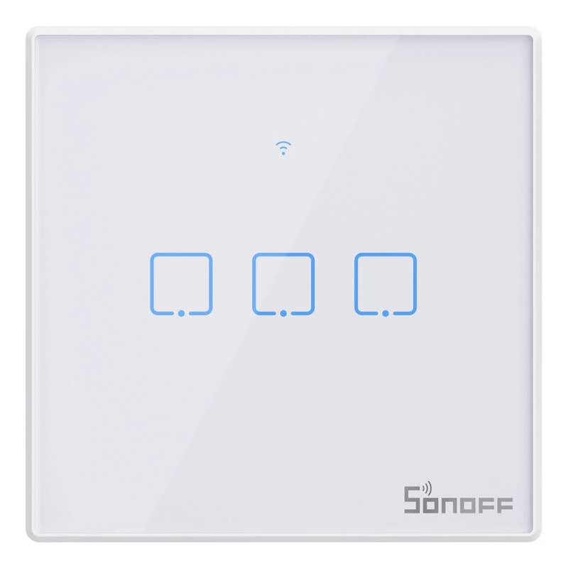 Interruptor de luz inteligente de parede Sonoff T2 EU TX 3 canais Wi‑Fi + RF 433 controlo