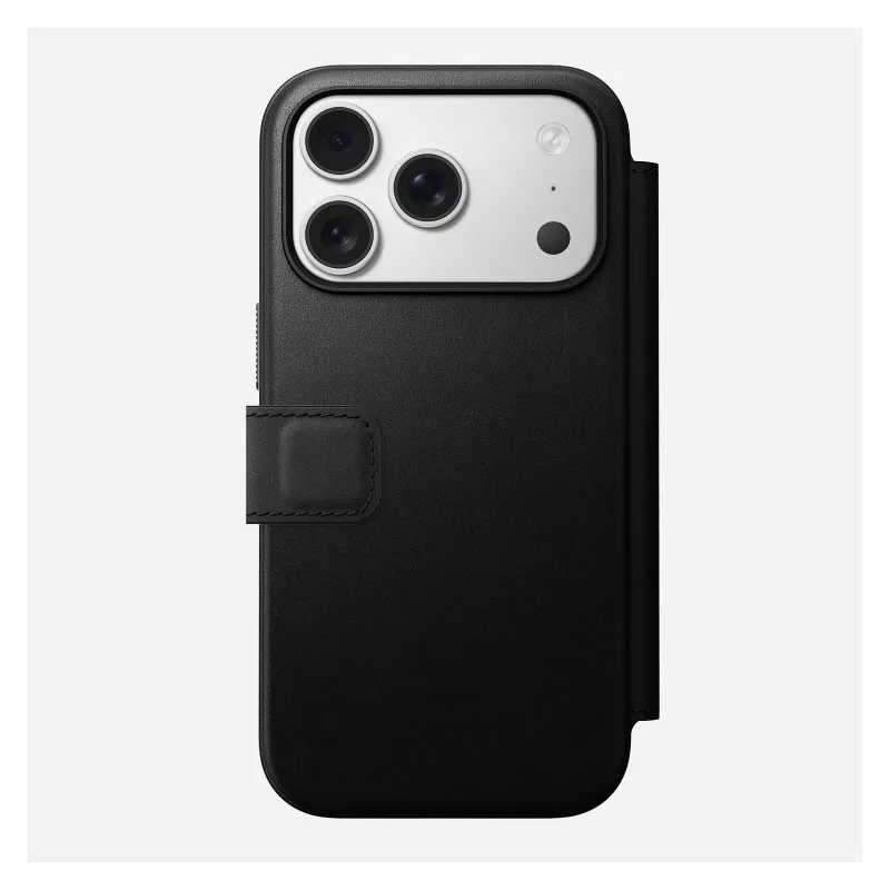 Capa de pele para telemóvel Nomad Modern Leather Folio para iPhone 17 Pro, 16 cm (6,3 polegadas), preta, 4 compartimentos para cartões