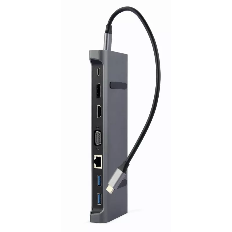 Dock para portátil Gembird A-CM-COMBO9-02 USB 3.2 Gen 1 Type-C, HDMI, VGA, 3×USB-A, Gigabit Ethernet, 87W PD, cinzento