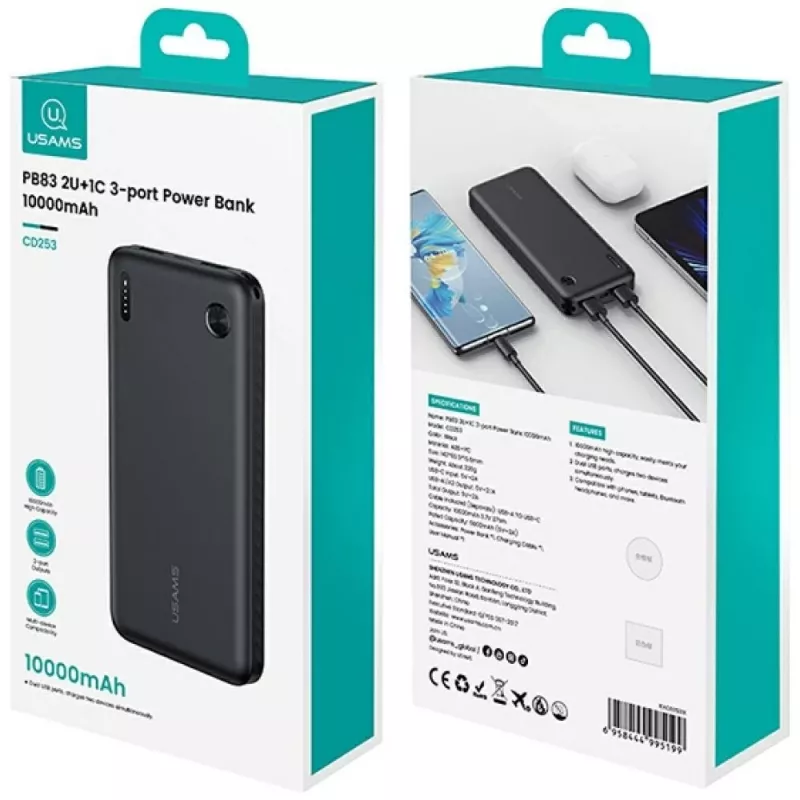 Powerbank usams PB83 10000mAh PD 2×USB-A USB-C branco