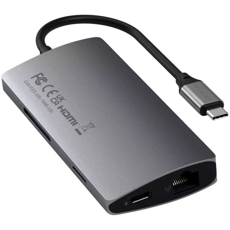 Adaptador de alumínio Satechi V2 USB-C (USB-C, 3x USB-A, 4K HDMI, leitor de cartões micro/SD, Ethernet) (Starlight Grey)