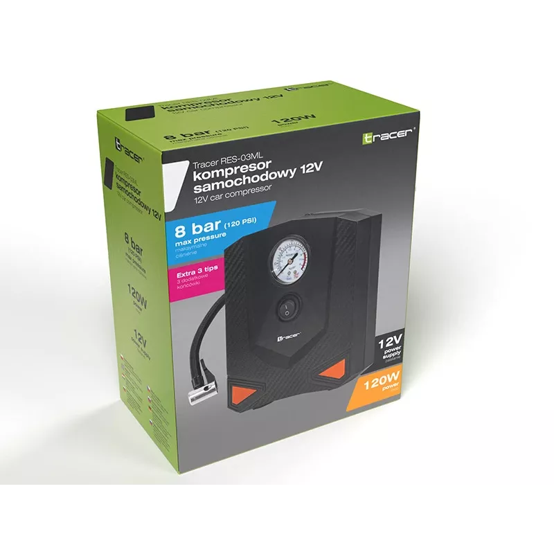 Bomba de ar portátil TRACER RES-03ML 12V 150 PSI — insuflador de pneus de automóvel, alimentação 12 V
