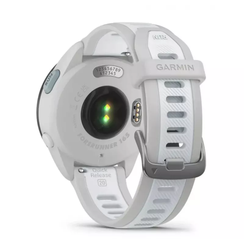Smartwatch GARMIN Forerunner 165 — GPS, AMOLED 1,2 polegadas, 4 GB, 5 ATM, 11 dias de bateria, Caixa cinzenta, Bracelete branca