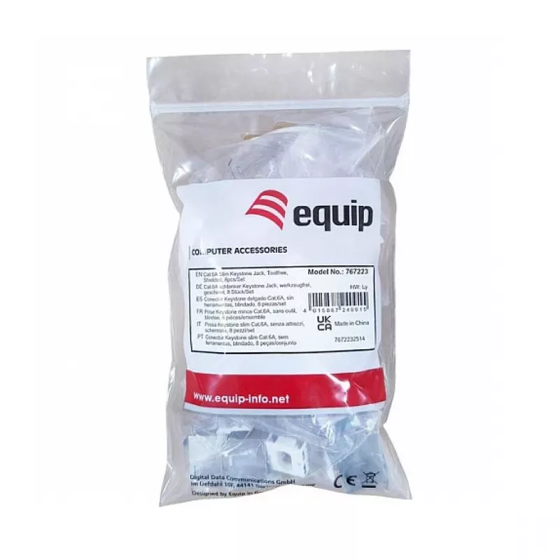 Keystone Jack Cat.6A blindado fino, EQUIP 767223, sem ferramentas, RJ-45, plano, prateado, 8 unid.