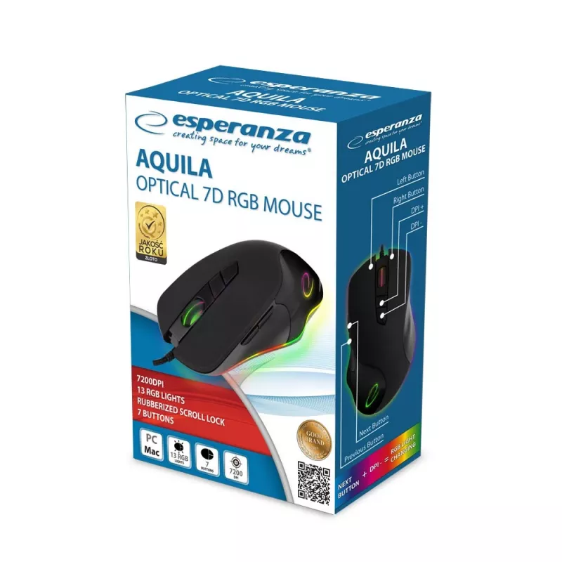 Rato gaming ótico com fio Esperanza EM132 Aquila, 7200 DPI, 7 botões, RGB, para destros, USB