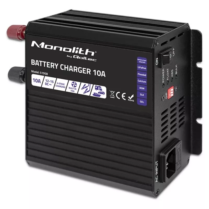 Carregador de baterias Qoltec Smart Monolith para baterias LiFePO4 AGM GEL SLA | 10A | 12V