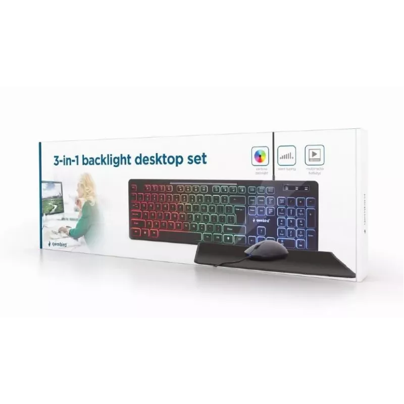Teclado Full-Size com fios com rato Gembird KBS-UML-01 — USB, QWERTY US, 104 teclas, preto