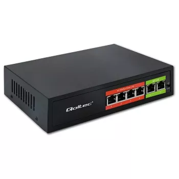 Switch Ethernet PoE QOLTEC 52289 — 4x portas RJ45 PoE, 2x RJ45 uplink, orçamento PoE 65W