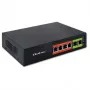 Switch Ethernet PoE QOLTEC 52289 — 4x portas RJ45 PoE, 2x RJ45 uplink, orçamento PoE 65W
