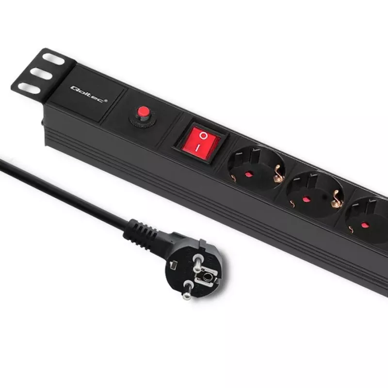 Qoltec 53993 PDU para rack de 19 polegadas 1U com proteção contra sobretensões, 6x Schuko, 16 A, 2 m, preto