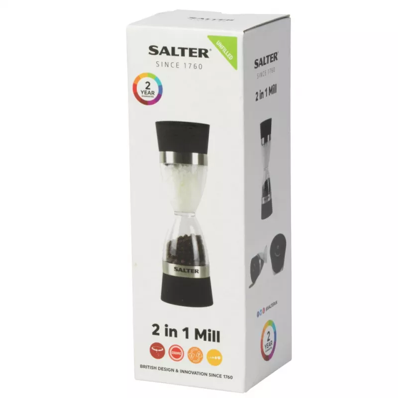 Moinho de sal e pimenta mecânico Salter 7611 BKXRUP1 2-em-1 moagens ajustáveis aço inoxidável