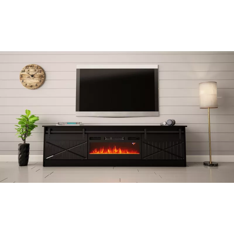 Suporte de TV com lareira Cama Meble modelo GRANERO – 200 x 56,7 x 35 cm, preto/preto brilhante, 2 portas, 2 prateleiras, portas de correr, MDF/aglomerado