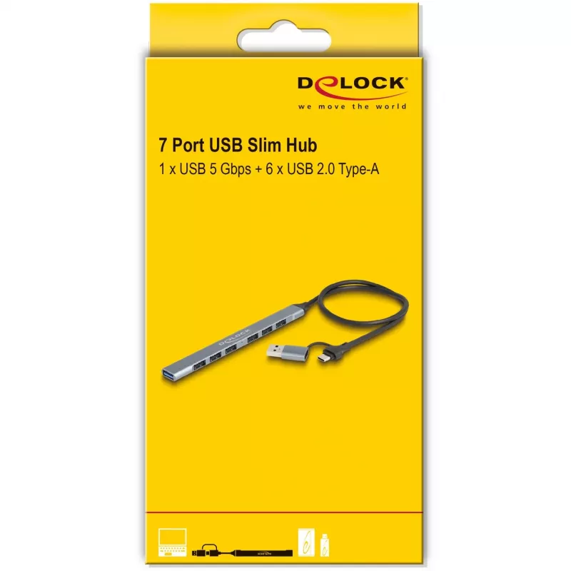 Delock 64273 hub USB fino de 7 portas, USB Type-C ou Type-A para 1x USB 5 Gbps Type-A + 6x USB 2.0 Type-A