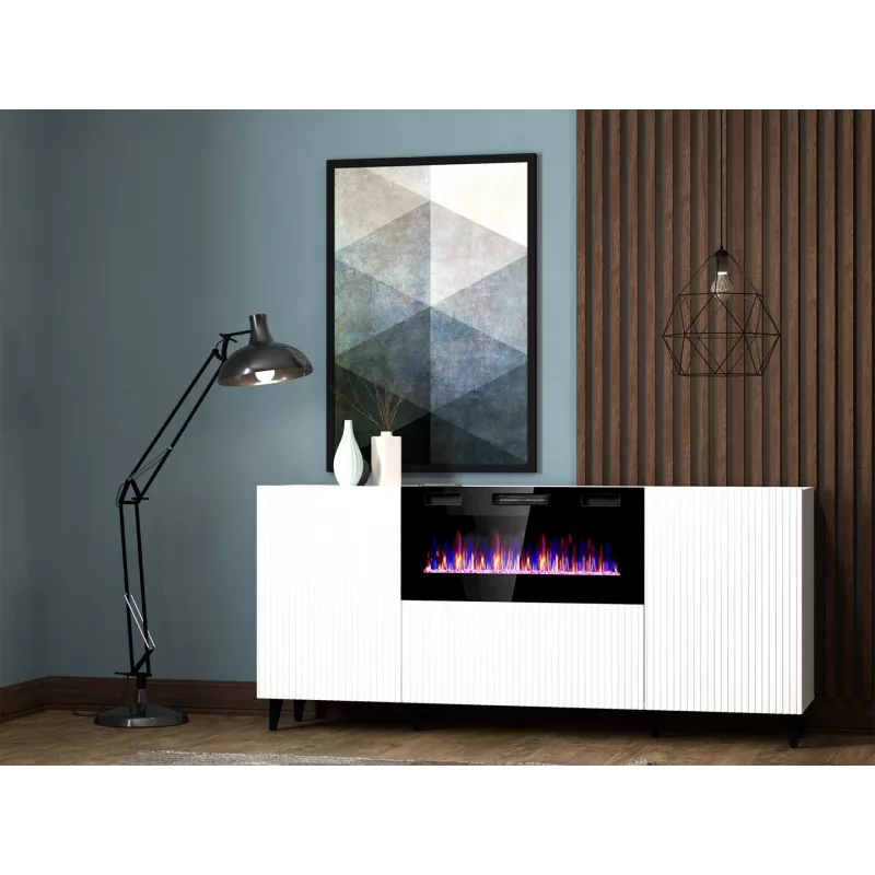 Cómoda com lareira elétrica Cama Meble PAFOS, 180 x 42 x 82 cm, branco mate, 1400–1600 W, sem puxadores, 3 portas, 2 prateleiras