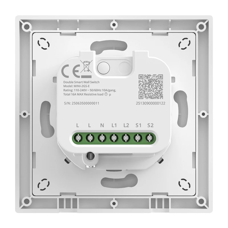 Interruptor inteligente de parede de dois canais Sonoff MINI-2GS-E — relé compacto para embutir para dois circuitos, compatível com Matter
