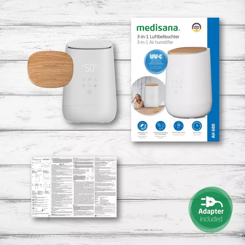 Humidificador ultrassónico Medisana AH 680, 2,6 L, branco, madeira, 24 W