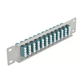 Patch panel de fibra ótica DeLOCK 10 polegadas 12 portas LC quad aqua 1U cinzento
