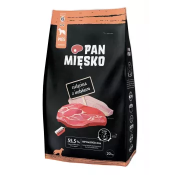 Ração seca para cães Pan Miesko Vitela com Peru XS 20 kg — para raças pequenas adultas, 30 % proteína, 20 % gordura