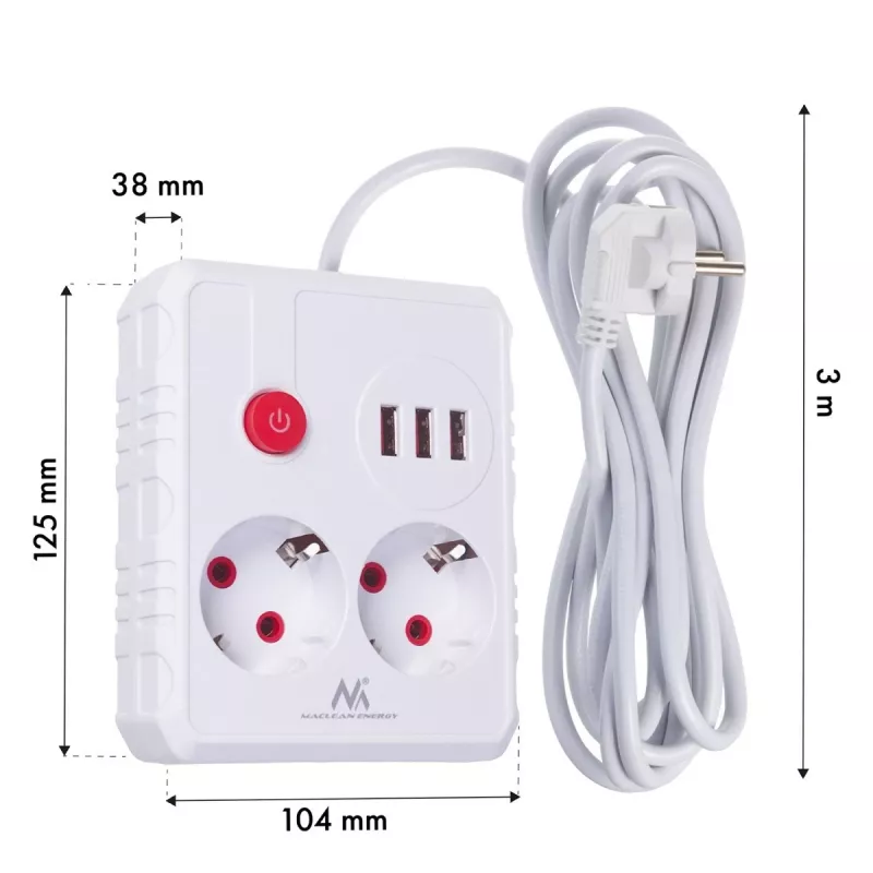 Extensão elétrica MACLEAN MCE388 W – 2 tomadas, 3×USB, 110–240V, 2500W, cabo de 3 m, branco