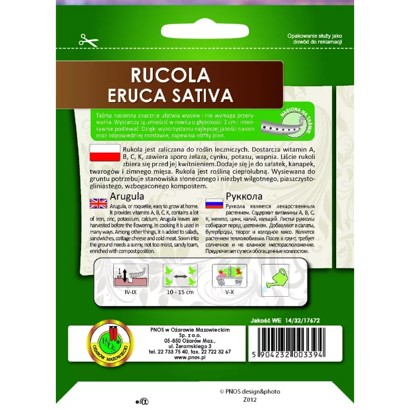 PNOS rúcula Eruca sativa sementes em fita, 6 m