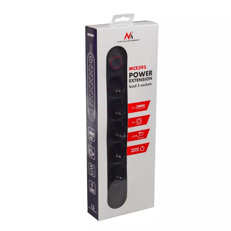 Extensão elétrica MACLEAN MCE395 B — 5 tomadas, 3×USB, 110–240V AC, 2,1A USB, 2500W, cabo de 1,5 m, preto