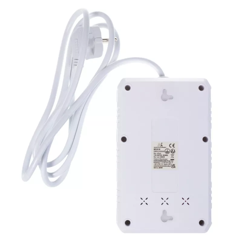 Extensão elétrica MACLEAN MCE392 W — 4 tomadas F, 3×USB A, 110–240 V, 2,1 A máx, 2500 W, cabo de 1,5 m, branco