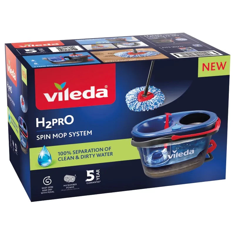 Vileda H2PrO Spin Mop conjunto, esfregona rotativa com sistema de dois depósitos e cabo telescópico, microfibra, preto/vermelho/azul