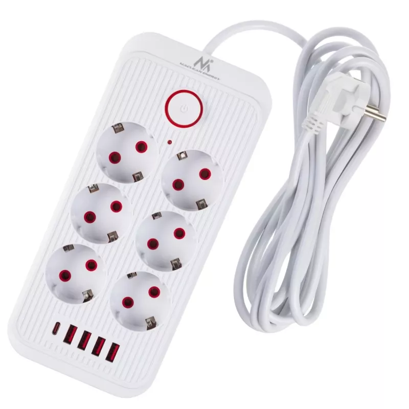 Régua de tomadas MACLEAN MCE391 W — 6 tomadas, 4×USB-A + 1×USB-C, cabo de 3 m, 110–240 V, 2500 W, branco