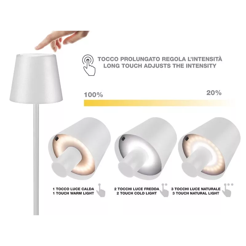 Beper P201UTP119 candeeiro de mesa LED recarregável, 1,5 W, interruptor tátil, regulável, adaptador para garrafa de 33 mm, resistente à água, prateado