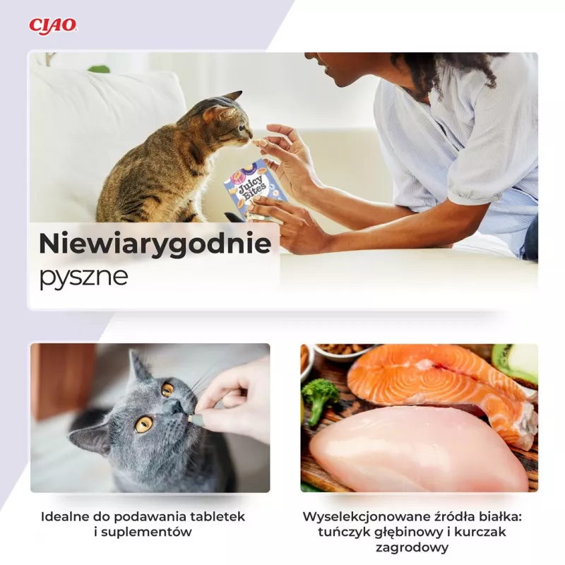 Snacks húmidos para gatos INABA Juicy Bites frango e atum 3 x 11 g saquetas, sem cereais, proteína 24 %, humidade 71 %