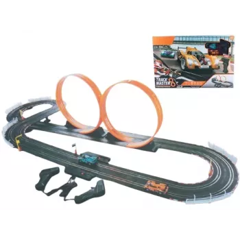 Pista de corrida mecânica de brinquedo Madej com dois loopings, conjunto portátil de pista com carros de looping