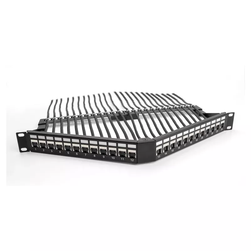 DeLOCK 19 polegadas Keystone Patch Panel 24 portas com alívio de tensão 1HE angular preto
