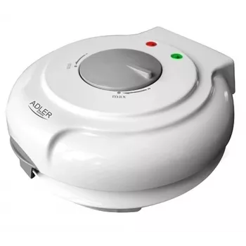 Máquina de waffles Adler AD 3038 – waffle redonda individual, 1500 W, termostato regulável, placas antiaderentes, cinzento/branco