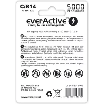Pilha recarregável NiMH cilíndrica everActive EVHRL14-5000, 1,2 V, 2 unid., 51,5 mm de altura