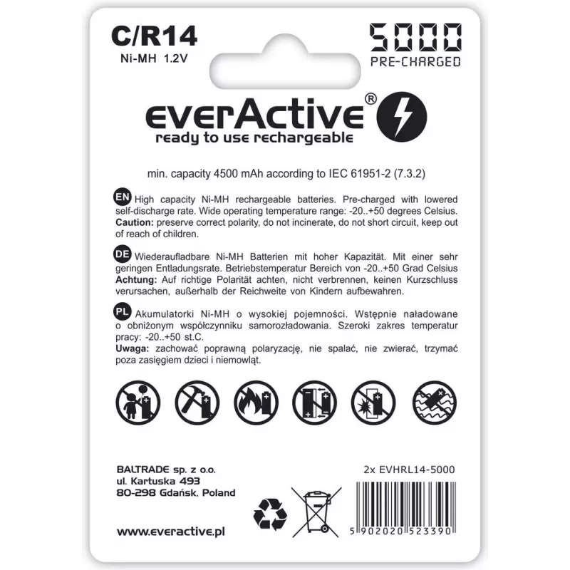 Pilha recarregável NiMH cilíndrica everActive EVHRL14-5000, 1,2 V, 2 unid., 51,5 mm de altura