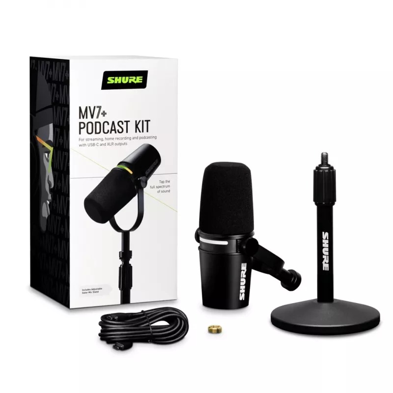Shure MV7+-K-BNDL - microfone para discurso/canto com ligação XLR/USB-C, preto + tripé de mesa GATOR