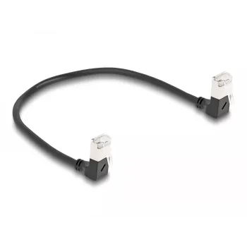 Cabo de rede DeLOCK RJ45 Cat.6A S/FTP fino 90° angular para baixo 0,25 m preto